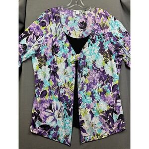Dressbarn Woman 3X Floral Sequin Layered Top Purple Teal 3/4 Sleeve Knit Blouse